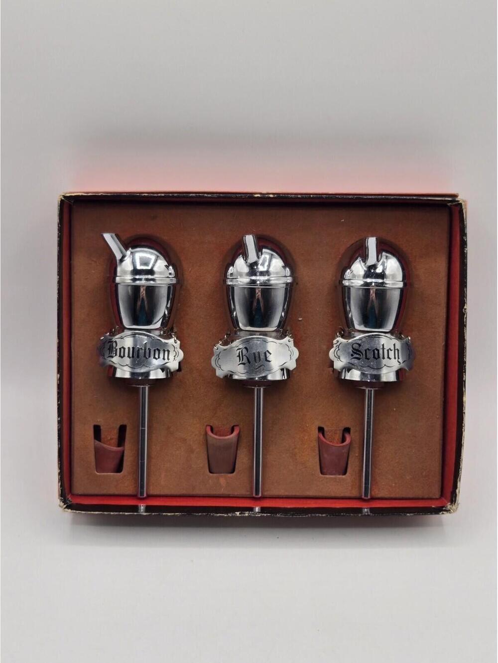 Vintage Bar Pourers‎ Set Bourbon Rye Scotch Liquor Bottle Spouts Chrome Barware